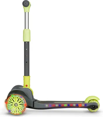 A three-wheeled scooter with LED lights on the wheels and frame, shown from the side against a white background.