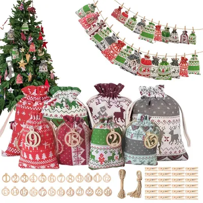 Image de Calendrier de l'Avent à remplir pour 2026, comprenant 24 petits sacs en tissu avec des accessoires, disponibles en 3 couleurs