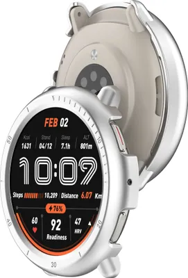 A smartwatch with a silver casing and a digital display showing time, date, and fitness metrics.