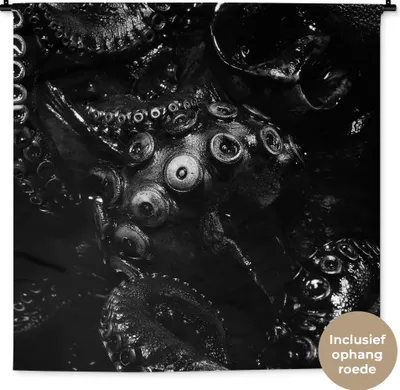 Produktbild von MuchoWow® Wandteppich Wandbehang Nahaufnahme Oktopus auf schwarzem Hintergrund in schwarz und weiß 150x150 cm Tapisserie Dekoration Wandtuch - Wohnaccessoires - Modernes