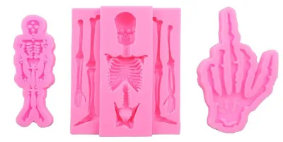 Productafbeelding van 3 stuks Halloween-siliconenmal: schedel en skelet, geschikt voor taarten en decoraties
