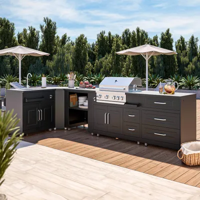 Image de Cuisine d'extérieur angle 5 éléments avec évier et barbecue - Oviala Memphis