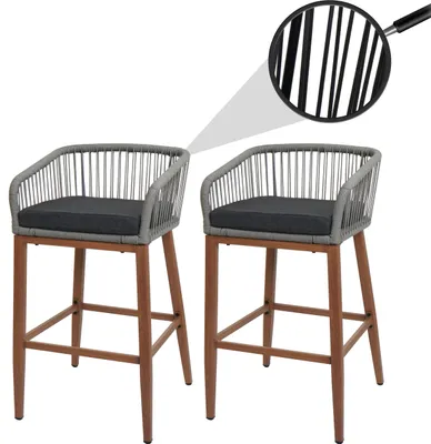 Produktbild von 2er-Set Rope-Barhocker HWC-O22, Outdoor Sitzpolster Seilgeflecht Metall Holz-Optik  hellgrau, Kissen dunkelgrau