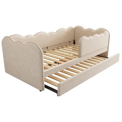 Produktbild von Flieks Polsterbett 90x190cm mit Ausziehbett, Kinderbett Jugendbett Schlafsofa mit Rausfallschutz, Tagesbett Daybed Leinen, Beige