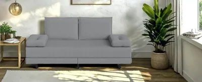 Produktbild von Schlafsofa aus grauem Stoff, 90 x 200 cm, ausziehbar auf bis zu 180 x 200 cm, zusammenklappbar und platzsparend.