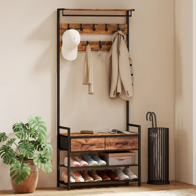 Produktbild von Garderobenständer 5-in-1 mit Schuhbank & Stoffschubladen, Kleiderständer Industrial, Spanplatte, Rustikal Braun | 80x30x181,5 cm | 10 Haken