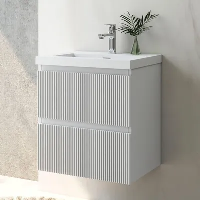 Produktbild von Waschtisch mit Unterschrank 50cm BOKAV Badmöbel Set Weiß Waschbecken Dunklegrau mit Unterschrank Softclose