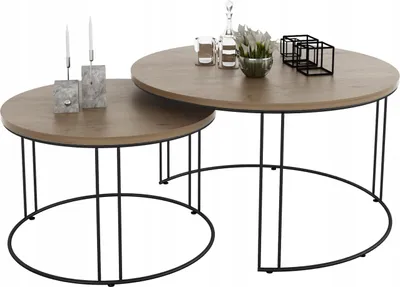 Zdjęcie produktu dla Zestaw Okrągłych Stolików Kawowych 2w1 Salon Loft Czarny+Dąb Lancelot
