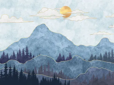Produktbild von Sanders & Sanders Fototapete Berglandschaft Blau und Gold 375 x 270 cm