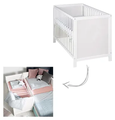 Produktbild von 2 in 1 Babybett 60 x 120 cm mit Matratze - Gitter- und Beistellbett 6-fach höhenverstellbar - 5 herausnehmbare Schlupfsprossen - Holz in Weiß