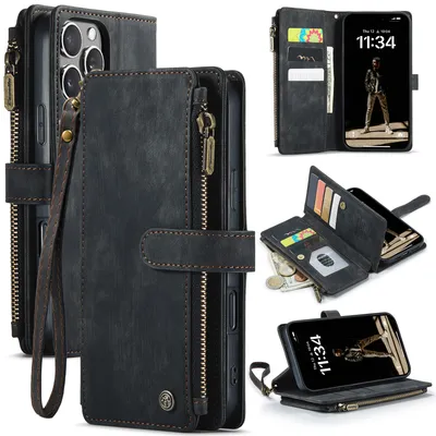 Immagine prodotto di Custodia in pelle per iPhone 16 Pro Max, custodia in Finto cuoio con cerniera, chiusura magnetica, tasca per carte, supporto, custodia a portafoglio nera