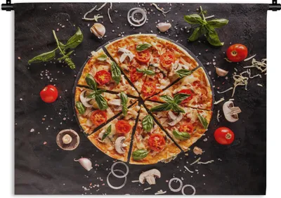 Produktbild von MuchoWow® Wandteppich Wandbehang Pizza - Gemüse - Kräuter - Küche - Industrie 120x90 cm Tapisserie Dekoration Wandtuch - Wohnen - Aufhänger für die Wand