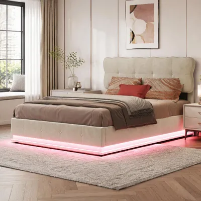Image de Lit boxspring double 140x190 cm avec éclairage LED, lit tapissé avec système hydraulique et espace de rangement, structure de lit pour adolescents avec sommier à lattes et coffre de lit, revêtement en velours beige