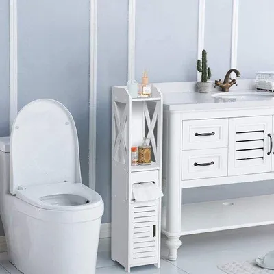 Image de Meuble de salle de bain blanc résistant à l'humidité - Meuble de rangement au sol - 80 x 155 x 15 cm
