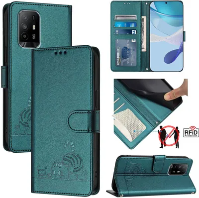 Produktbild von Leder Hülle für Oppo A74 4G/A95 4G Süße Katze Flip Case Brieftasche Schutzhülle mit Standfunktion Grün