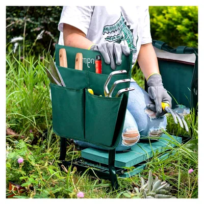 Produktbild von Kniebank Gartenhocker Klappbar mit EVA-Schaumkissen, Gartenarbeitshocker bis 150 kg mit Werkzeugtasche, Dunkelgrün