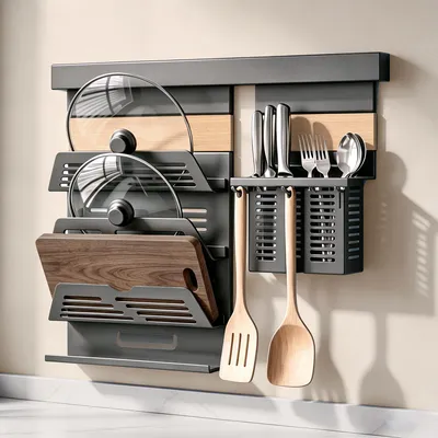 Produktbild von doporro Küchen Organizer aus Metall,  Küchenreling 52 cm mit 3-stufigem Topfdeckelhalter und 2 Besteckhalter,  Grau Reglo Schiene 52+11+12