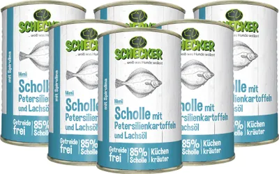 Produktbild von 6 x 410 g - Schecker Nassfutter - Hundemenü Scholle mit Kartoffeln und Lachsöl - getreidefrei