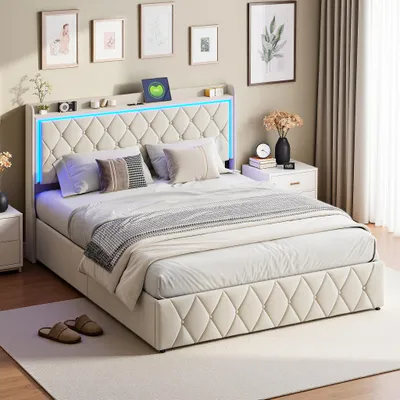 Produktbild von INONEFT Polsterbett 140x200 cm, Jugendbett mit LED und USB, Hydraulisch Doppelbett mit Stauraum, Stauraumbett Bettgestell mit Lattenrost, Samt, Beige