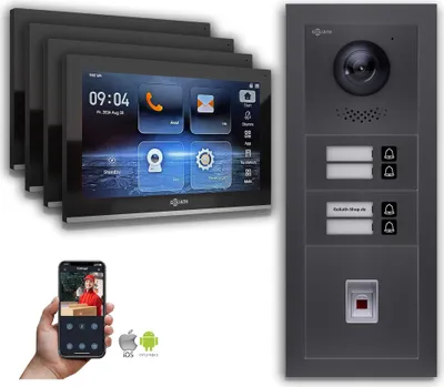 Produktbild von Goliath IP Video Türsprechanlage: 10-Zoll 4 Familienhaus, Fingerprint, Anthrazit  : 10 Zoll Schwarz : Unterputzdose Monitor Farbe: 10 Zoll Schwarz Montage: Unterputzdose