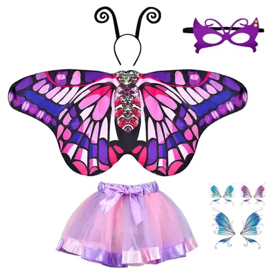 Imagen del producto de Disfraces de mariposa para niña, con alas, máscara y diadema, color morado, ideal para el carnaval