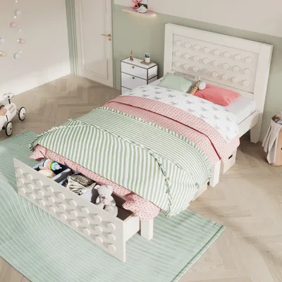 Produktbild von Flieks Kinderbett 90x200cm mit Schublade, Holzbett Einzelbett mit Lattenrost, Klassisches Bett Jugendbett mit Kopfteil, Weiß