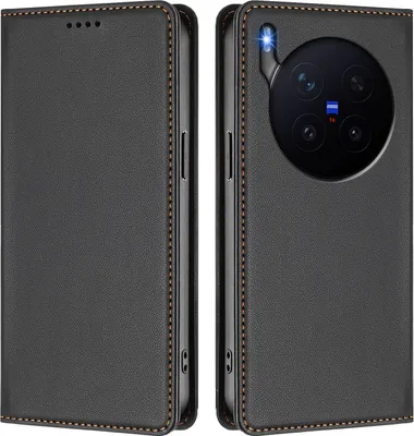 Produktbild von Handyhülle für vivo X300 Pro, Kunstleder Klapphülle Stoßfeste Magnetische Hülle mit Ständer Schwarz