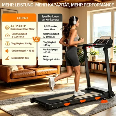 Produktbild von Laufband für zuhause (Kompaktes Heimlaufband, 37x91 cm Laufflache, mit stufenloser Neigung bis 15), Fitness Laufband für Zuhause, robust bis 120 kg