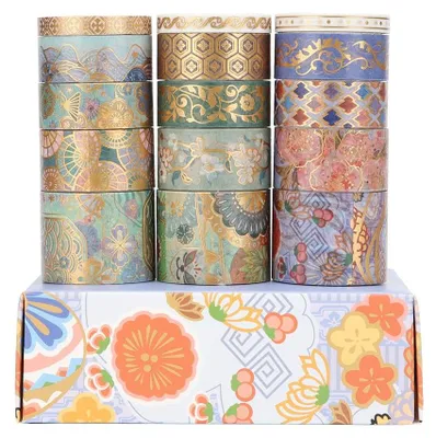 Obrázok produktu pre 15 roliek washi pásky s kvetinovým vzorom a zlatou fóliou
