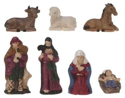 Krippenfiguren-Set, 7-teilig, Polystone, handbemalt, 3-8 cm