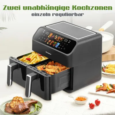 Image de Friteuse à air chaud de 9 litres avec deux paniers - Sans huile - 2000 W - Écran tactile LED - 10 programmes de cuisson - Fenêtre de visualisation - Prise européenne