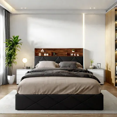 Image de Fortuna Lai Lit rembourré 140x200 cm avec rangement LED, espace de rangement hydraulique, prises USB, et tête de lit moderne en cuir PU, noir, sans matelas