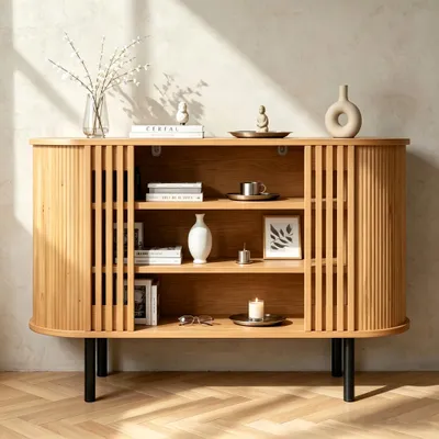 Productafbeelding van Merax dressoir met 3 open vakken en verstelbare metalen poten, commode met ribbenstructuur, woonkamerkast gemaakt van MDF en spaanplaat, naturel