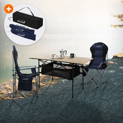 Obrázok produktu pre Hauki kempingový set nábytku 3 ks, skladací stôl béžový s 2 kempingovými stoličkami modrý vrátane tašky na prenášanie