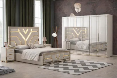 Zdjęcie produktu dla Komplet do sypialni, 4 elementy – eleganckie łóżko, szafa i 2 stoliki nocne