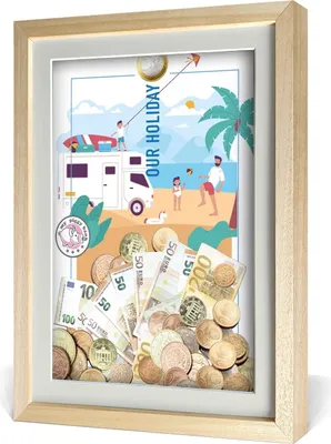 Produktbild von aFFa frames My Piggy Bank Spardose, 3D Bilderrahmen zum Befüllen, Geldgeschenke Verpackung für Auto, Haus, Geburtstag, mit Acrylglasfront, aus Holz, 32x42x2,5cm, Hellbraun, Rahmen Feiertag Muster