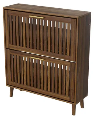Produktbild von AIORBER Schuhschrank 80 cm mit 2 Klappfächern, Wellenfront, Metallgriffen, Kippschutz & offenem Fach Walnuss