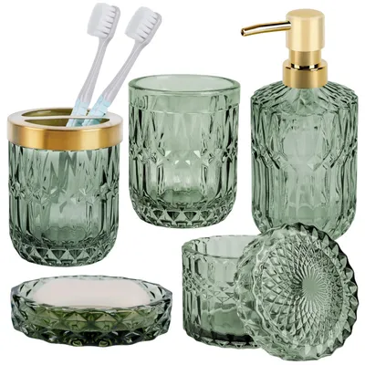 5-tlg. grünes Glas-Badaccessoire-Set, Seifenspender, Zahnbürstenhalter