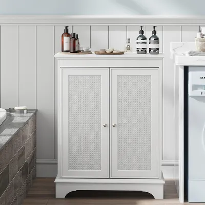 Image de Armoire de salle de bain - Meuble de salle de bain - Armoire de rangement - Armoire colonne - Meuble indépendant - Blanc - Avec porte en treillis