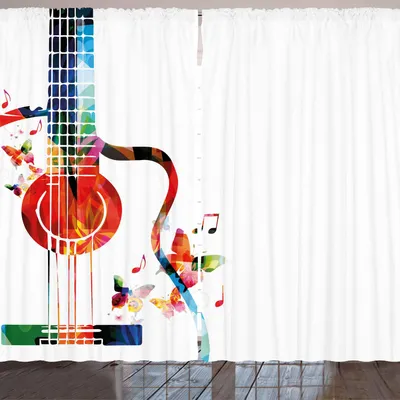 Produktbild von ARANDE Gitarre Gardine, Bunte polygonale Musikinstrument-Zeichenketten-Schmetterlings-Natur-themenorientierte Elemente, 280 x 175 cm, Mehrfarbig