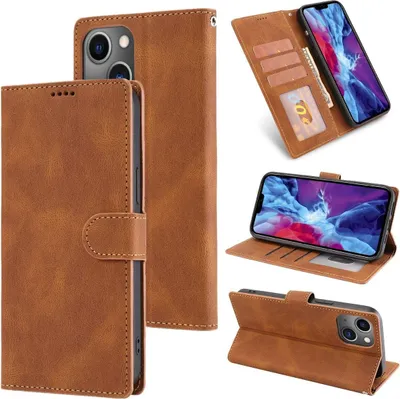 A collage of images showing a brown leather wallet-style phone case for an iPhone.