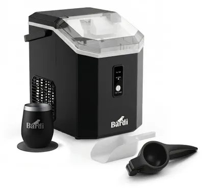Produktbild von Bardi 1,1 l – Quadratische Eiswürfelmaschine – Crushed Ice-Maschine mit Eisschaufel – 15 kg/24 Stunden – Eiswürfelbereiter – Inklusive r Thermoskanne – Schwarz mit schwarzer Zitruspresse