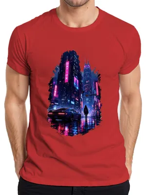 Produktbild von Cyberpunk City Future Neon Auto Regen Nacht Japan Y2K Synthwave Herren T-Shirt, Rot, M