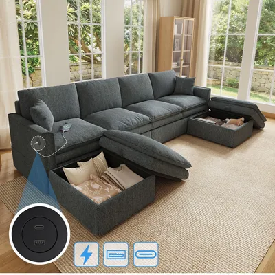 Image de Canapé d'angle en forme de U, modèle 6 places, canapé modulaire avec des repose-pieds offrant un espace de rangement, convertible en forme de L, équipé de ports USB et Type-C, revêtement en coton et lin, couleur gris