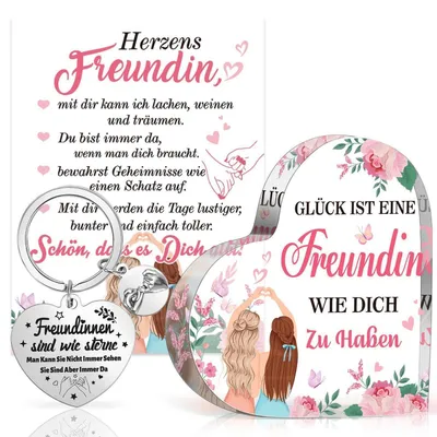 Productafbeelding van Cadeauset voor vriendin: hartvormig acrylblok, sleutelhanger, kaart. Geschikt voor verjaardag of kerst