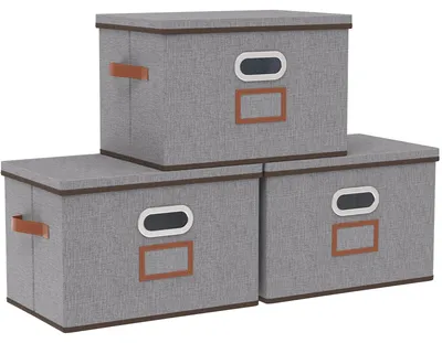 Produktbild von Aufbewahrungsbox mit Deckel und Griff, faltbare Stoffbox mit Etikettenfach, Aufbewahrungsboxen für Kleidung und Bücher, 45 x 30 x 30 cm, grau