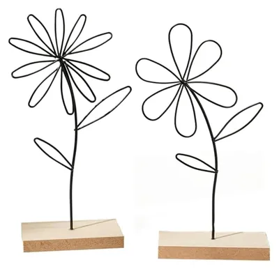 Dekoblumen-Set 2er, Metall schwarz auf Holz, Frühlingsdeko