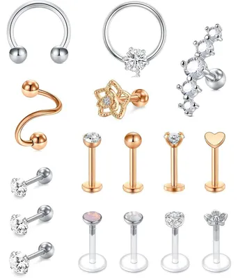 Obrázek produktu pro Sada piercingů, 16 kusů, chirurgická ocel, piercingy do chrupavky, 16G, stříbrná a růžově zlatá barva