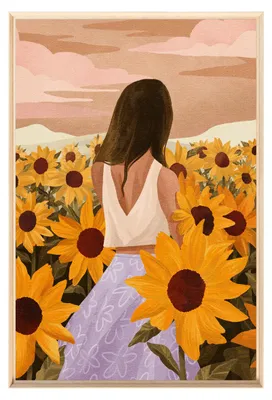 Image de Tableau mural encadré femme au champ de tournesols 80x120 cm, Tableau mural moderne pour décoration intérieure