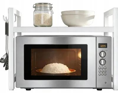 Immagine prodotto di Ripiano regolabile per microonde - 2 livelli - Estensibile da 41 a 62 cm - 6 ganci - Impilabile - Acciaio - Bianco
